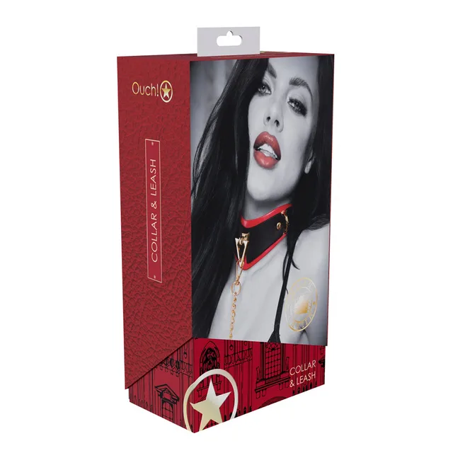 black and red Milan Collection collar with gold chain leash on box