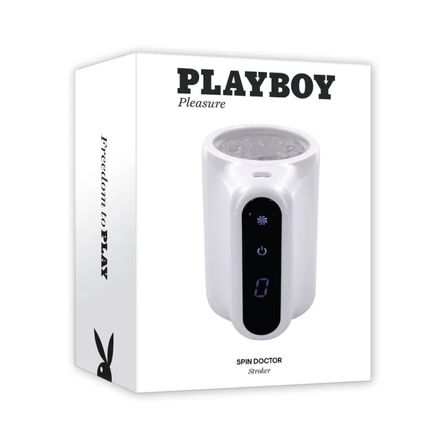 Playboy Spin Doctor white stroker beside white Playboy retail box