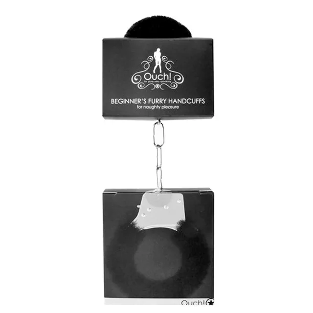 Ouch Beginner's Black Furry Handcuffs in hanging package