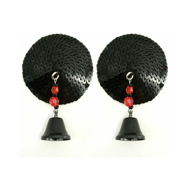 pair of round black sequin pasties with red beads and bell charms