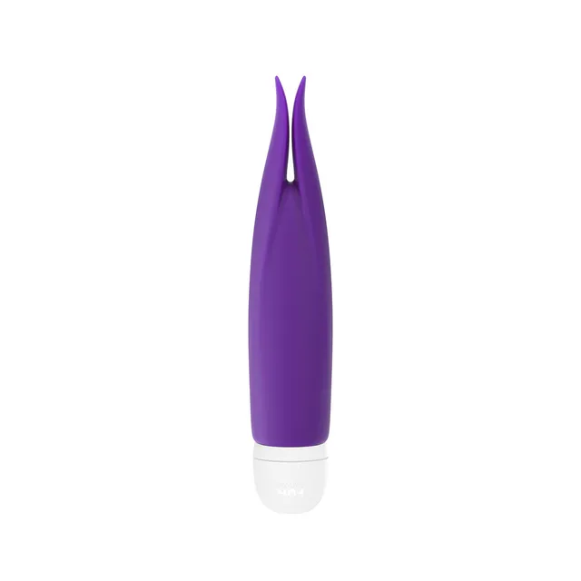 Fun Factory Volita violet twin-tip vibrator upright front view with split tips and white base