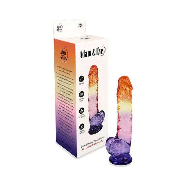 Adam and Eve Sunrise Dreams 9.5-inch dildo beside retail box