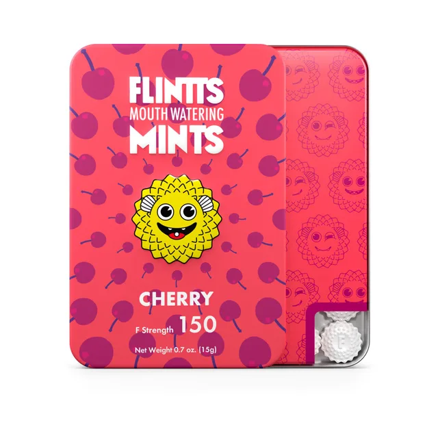Red and pink Flintts Cherry Mints F-Strength 150 slide tin with cherry graphics