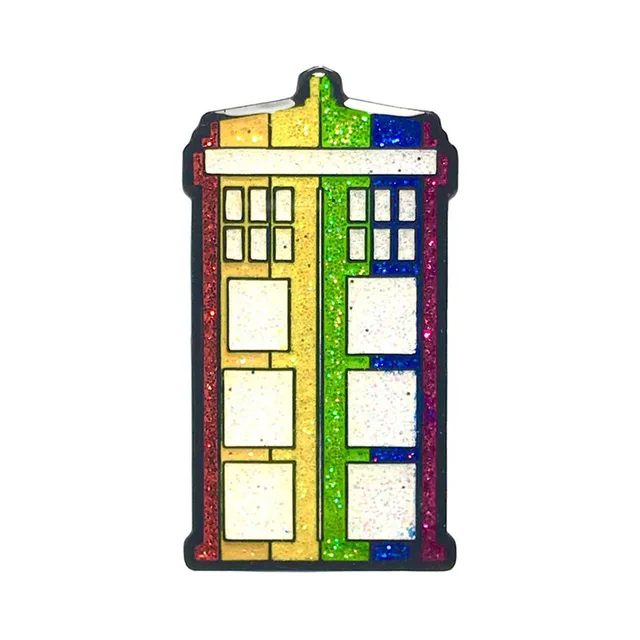 Time Traveler Pride box-shaped enamel pin with rainbow glitter panels