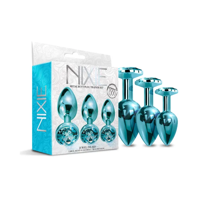 Nixie blue metallic three-piece plug set beside retail box