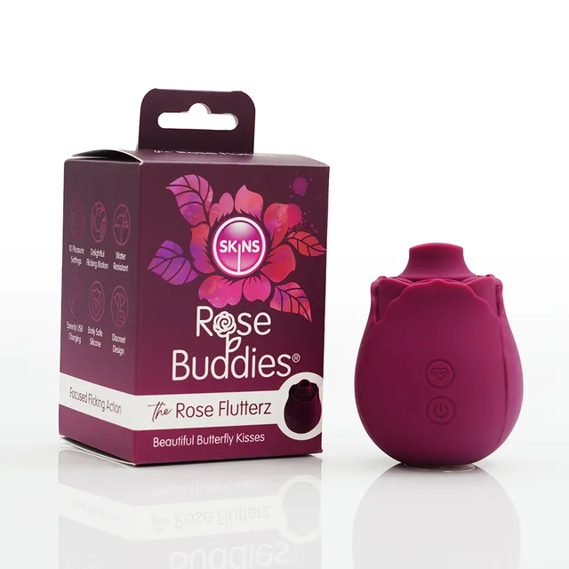 burgundy Rose Flutterz rose-shaped stimulator beside dark floral box