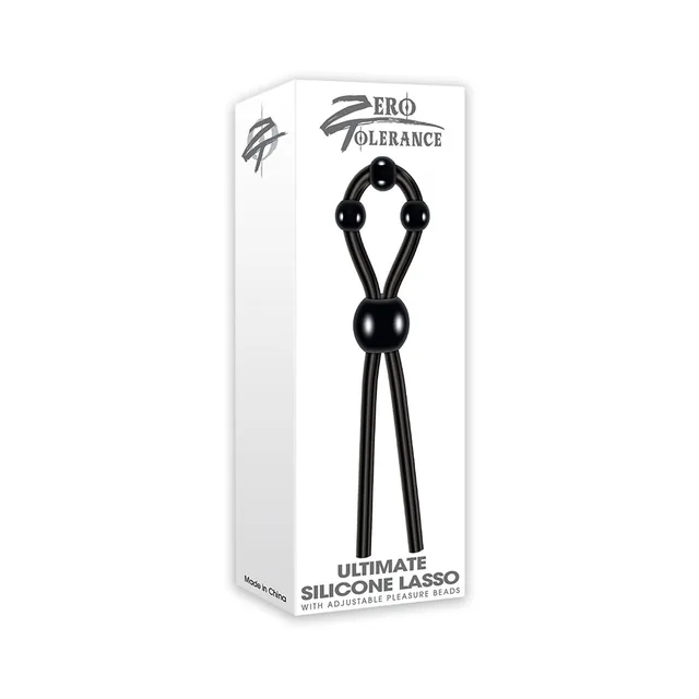 Zero Tolerance Ultimate black silicone lasso white retail box with black beaded loop and long strap ends pictured