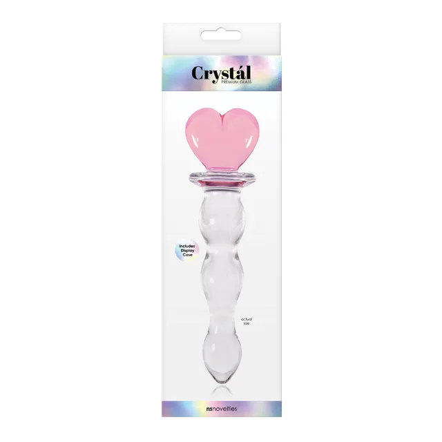 Crystal Heart Pink Glass Dildo clear dildo inside tall white retail box