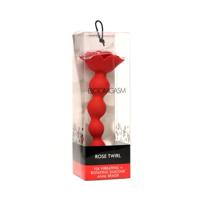 red Bloomgasm Rose Twirl with four graduated beads in clear floral box