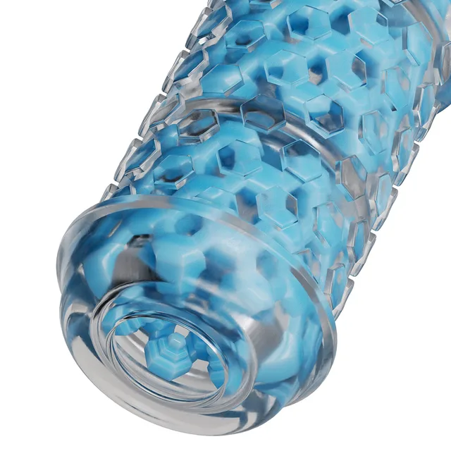 Angled close-up of blue hexagonal Core Sleeve texture