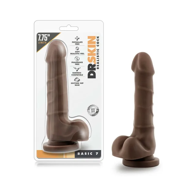 Blush Basic 7 dark-brown dildo beside clear Dr. Skin retail package