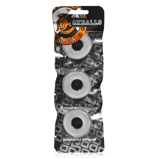 Three small clear Oxballs Ringer cock rings stacked in narrow pack