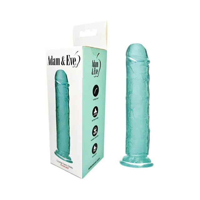 Emerald Crystal Gem translucent aqua dildo beside white retail box
