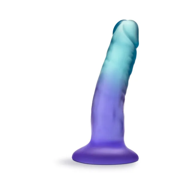 Angled view of teal-and-purple Morning Dew dildo