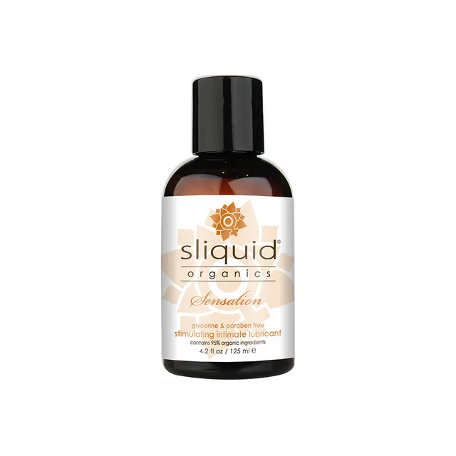 Amber 4.2 oz Sliquid Organics Sensation bottle with black cap and orange warming label