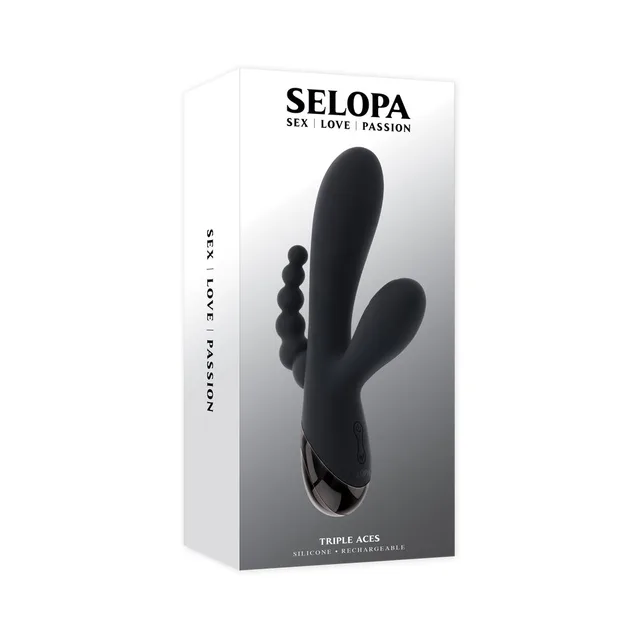 Selopa Triple Aces black vibrator in tall white retail box