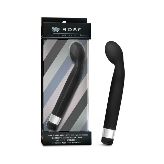 Blush Rose Scarlet G Vibrator black vibrator beside striped retail box