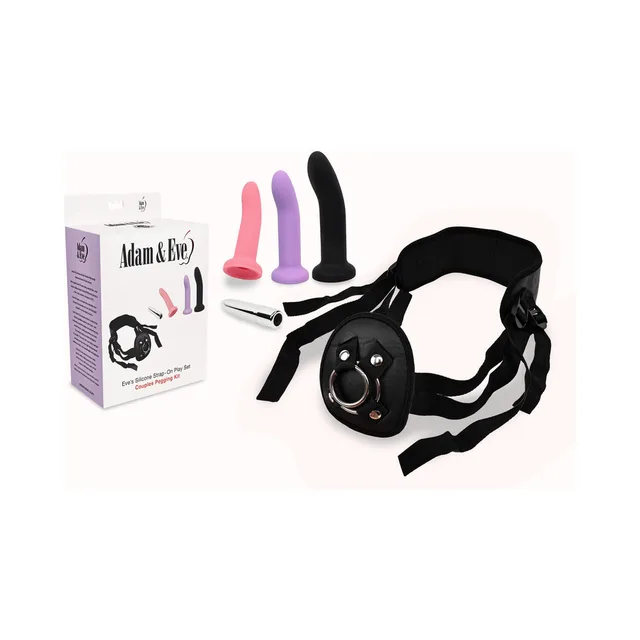 Adam & Eve strap-on set with black harness three dildos bullet and box