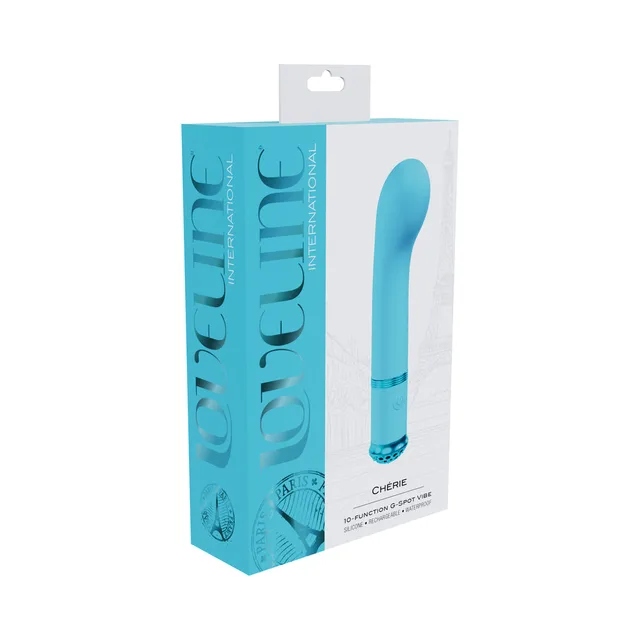 Blue Loveline Cherie curved vibrator in turquoise retail box
