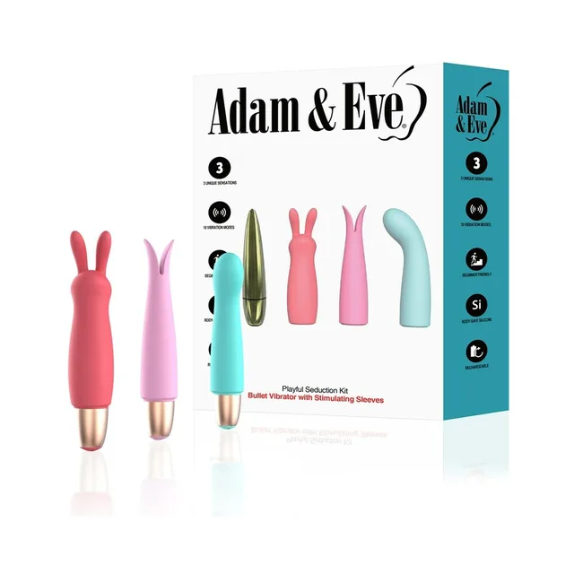 Adam & Eve Playful Seduction three-vibrator kit three shapes pictured beside retail box