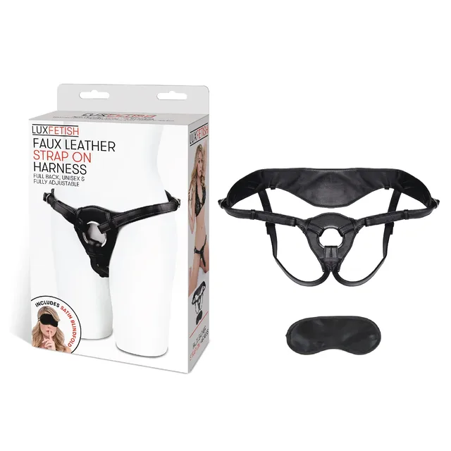 Lux Fetish Black Faux Leather Harness white retail box beside harness and eye mask