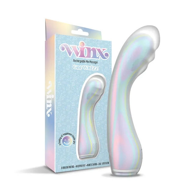 Pastel WINX Gee Whiz curved vibrator displayed in front of retail box