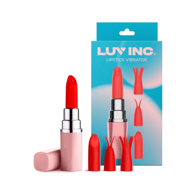 Light pink Luv Inc LV57 lipstick vibrator beside retail card