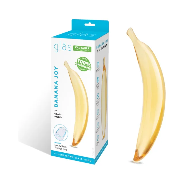 Yellow curved Glas Banana Joy glass dildo beside turquoise retail box