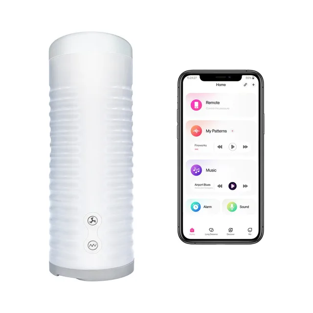 Upright white Lovense Max 2 beside Lovense Remote app screen