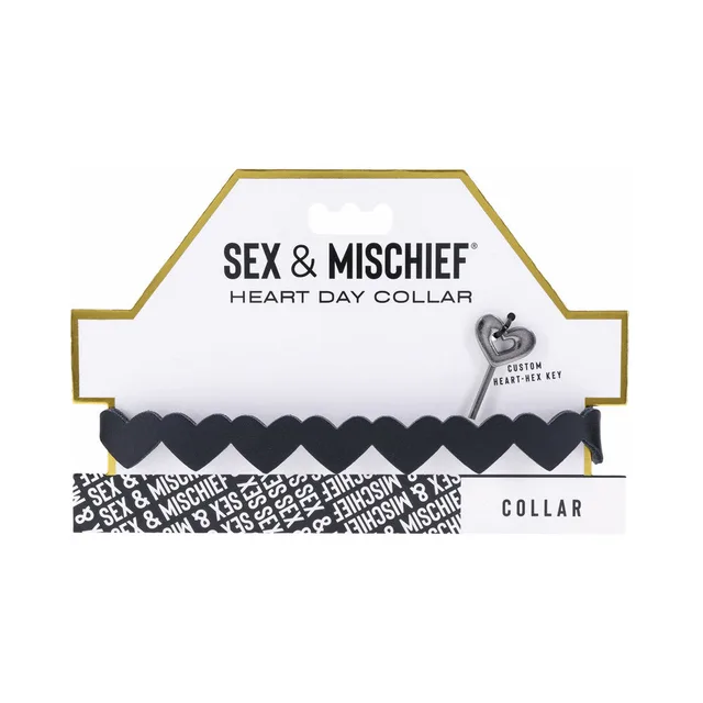 black Sex & Mischief Heart Day Collar on white and gold display card