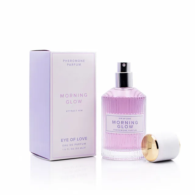 pale-purple Morning Glow spray bottle with cap removed beside box