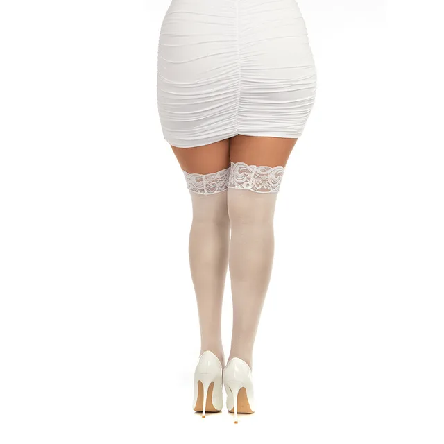 Rear view of white Queen-size silicone lace thigh highs