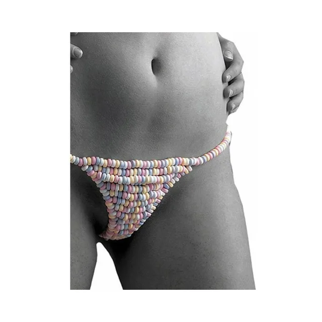 Multicolor edible candy G-string shown on model