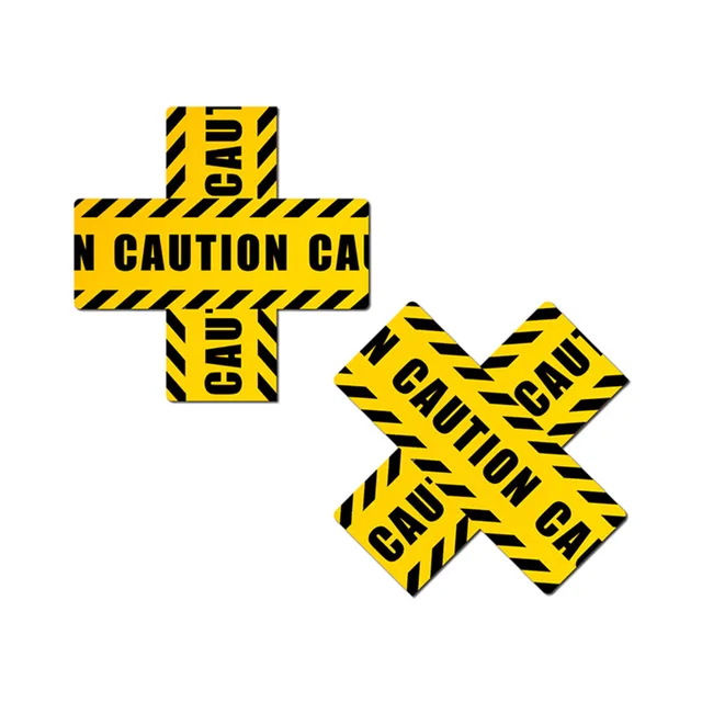 Yellow crossed caution-tape plus and X pasties pair