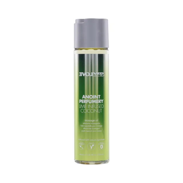 front view of Evolved Anoint lime infused coconut massage oil bottle