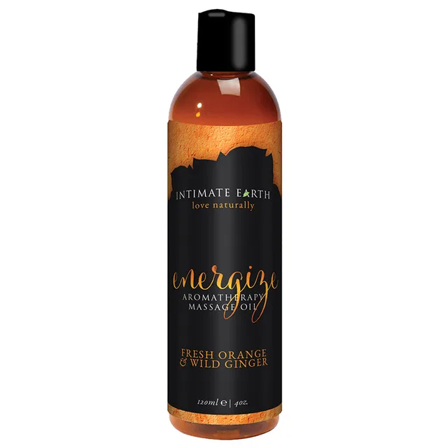 Intimate Earth Energize Massage Oil amber 4 oz bottle with orange ginger label