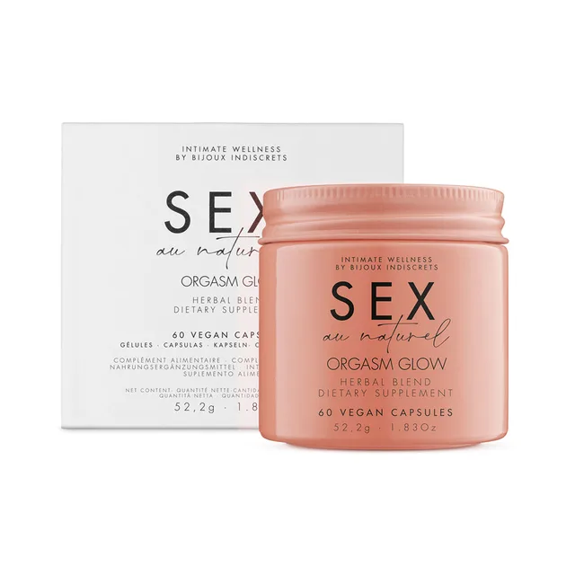 pink Orgasm Glow 60-capsule jar in front of white Sex au Naturel carton
