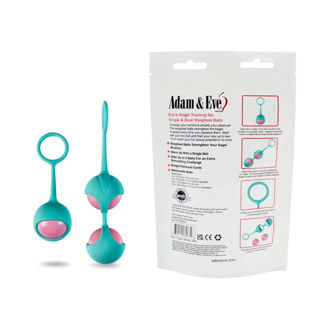 Adam & Eve teal and pink Kegel Training Set front and rear bag panels with both trainers
