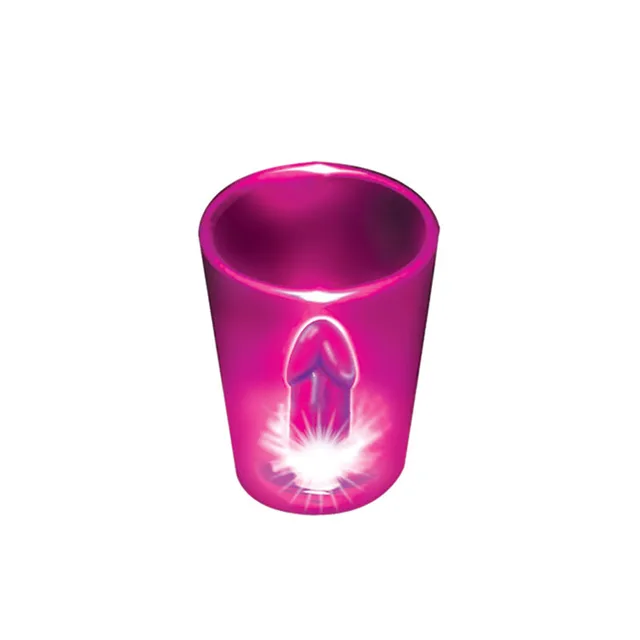 Translucent magenta light-up shot glass with bright novelty graphic