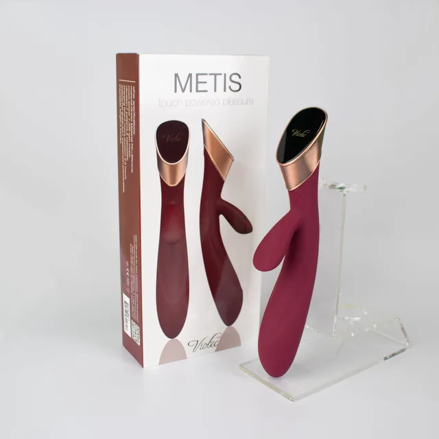 Wine-red Viotec Metis rabbit vibrator beside retail box