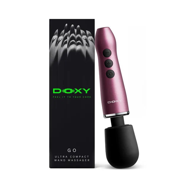 Doxy Go travel pink wand beside black retail box