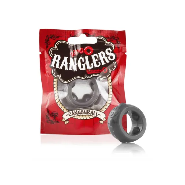 RingO Ranglers Cannonball thick gray ring beside red Western-style pouch