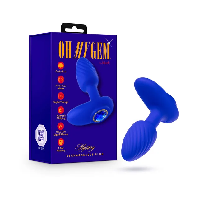 Blush Oh My Gem Sapphire plug blue ribbed plug beside matching box