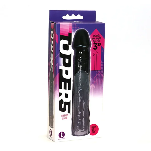 Black Toppers textured extender sleeve in purple-and-black retail carton