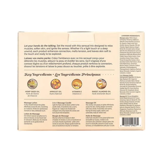 Back of Lavender Tranquility Trio box with ingredient panels