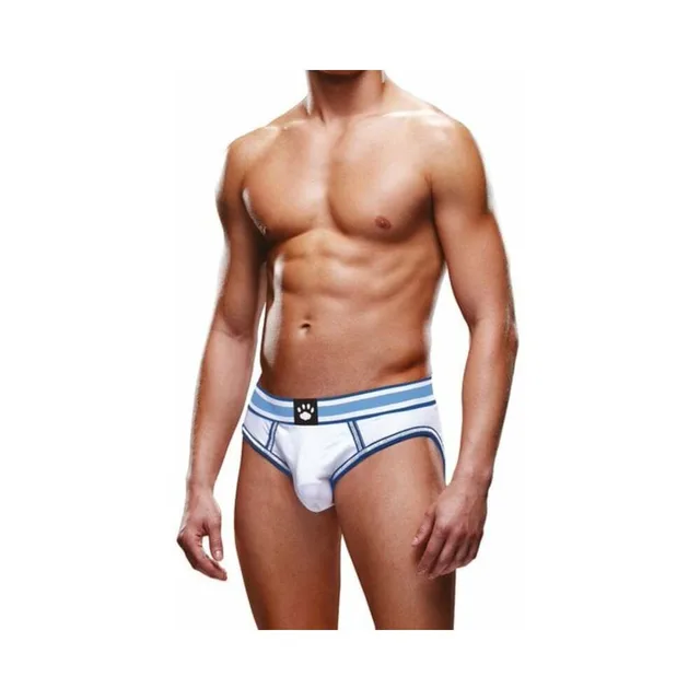 Front view of white Prowler brief with blue trim size S