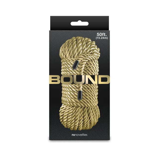 NS Novelties Bound 50 ft gold rope coiled inside the black hanging retail sleeve