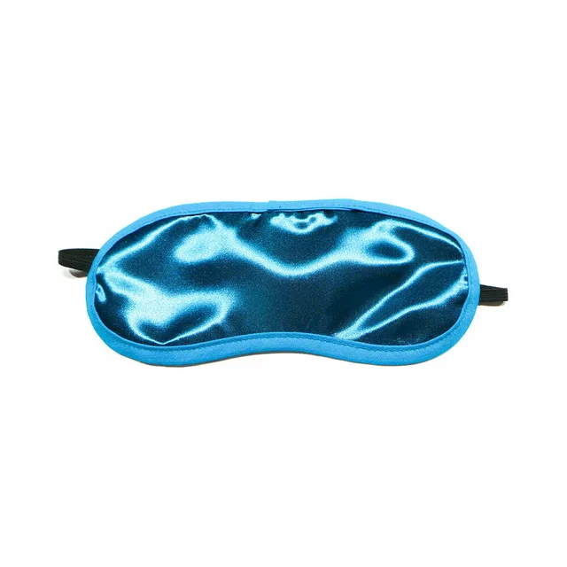 glossy aqua satin eye mask with black elastic strap and stitched edge