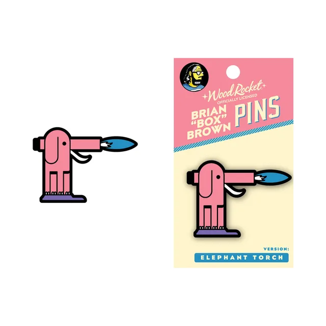pink Wood Rocket Elephant Torch enamel pin beside its illustrated backing card