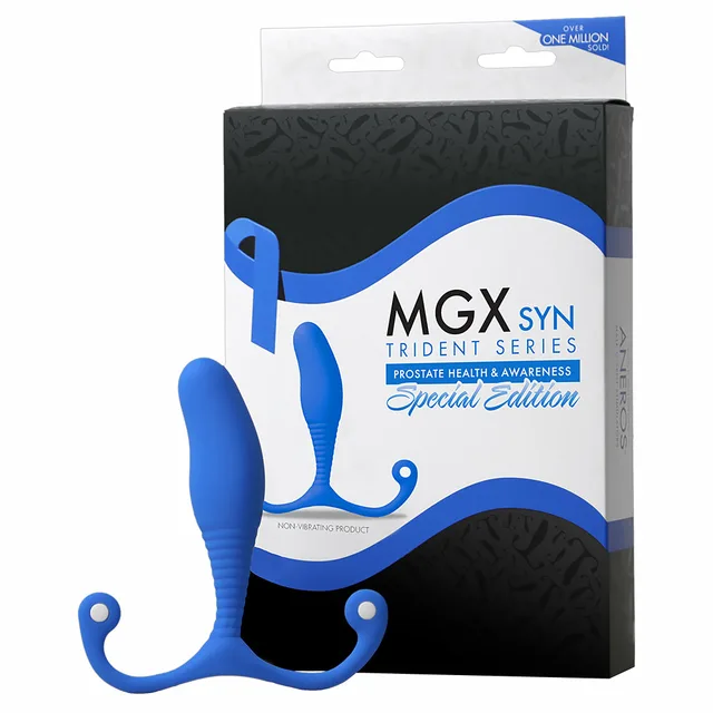 Blue Aneros MGX Syn Trident beside black retail box
